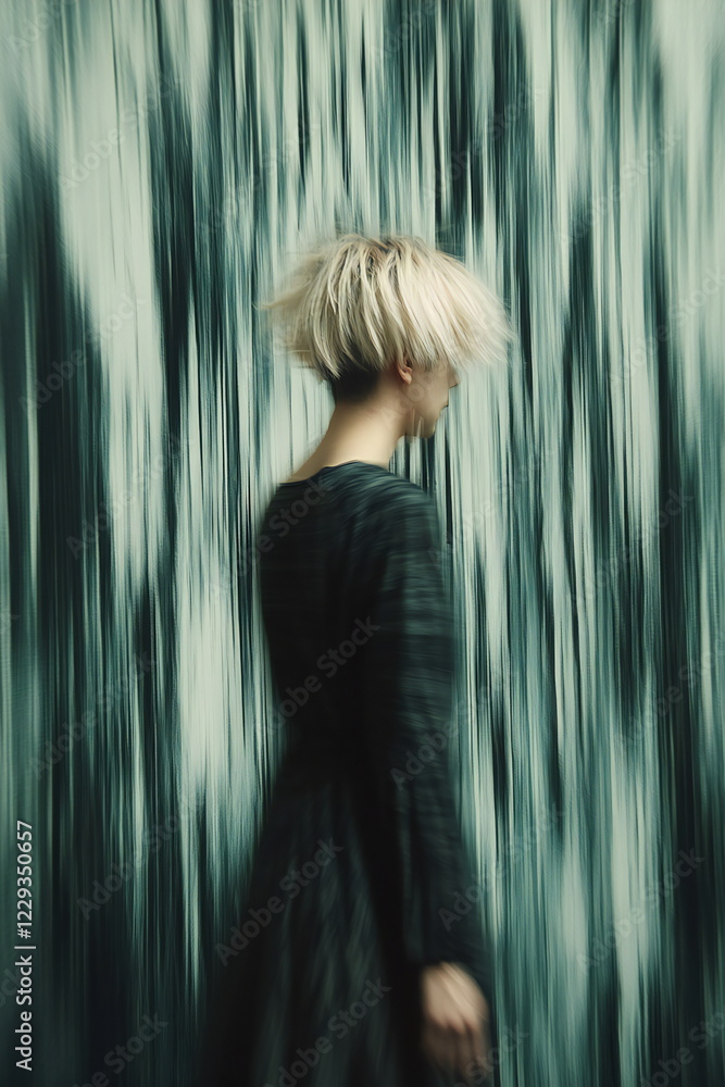 Woman with short blonde hair moving against a blurred blue and green background in an abstract artistic moment Woman with short blonde hair moving against a blurred blue and green background in an abstract artistic moment