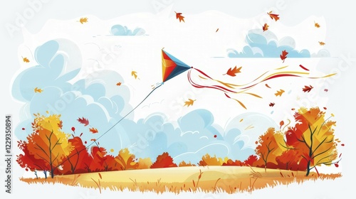 A kite soaring in a vibrant autumn landscape with colorful leaves, trees, and a blue sky filled with clouds, AI generated photo