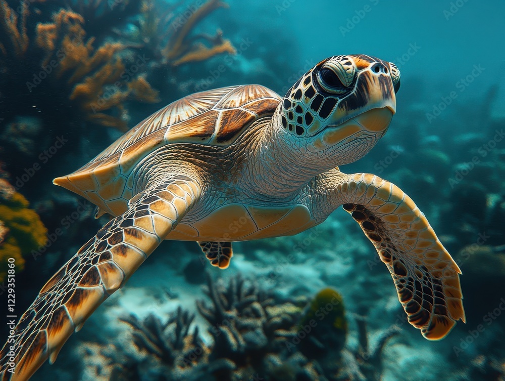 Fototapeta premium Close-Up of a Majestic Sea Turtle Swimming Gracefully through Crystal Clear Ocean Waters Surrounded by Vibrant Coral Reefs and Marine Life