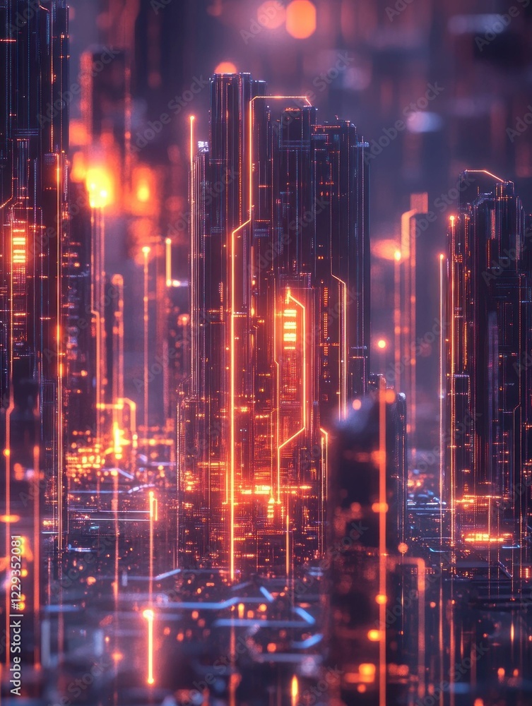Fototapeta premium Abstract futuristic cityscape with glowing neon lines and circuit board patterns