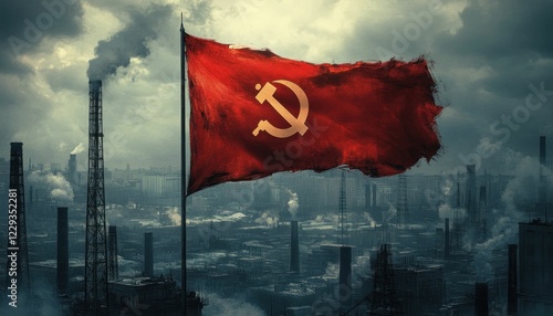 Industrial city landscape under a communist flag with smoking factories emitting pollution into the sky