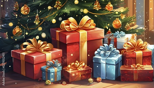 Abstract illustration of wrapped Christmas gifts, shiny ribbons and bows, stacked under a evergreen tree in a cozy living room, AI generated