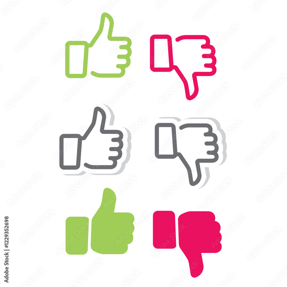 Thumb up and thumb down. Yes, good and bad symbol. Thumbs up or like sign. Flat style - stock vector. Thumb up and thumb down. Yes, good and bad symbol. Thumbs up or like sign. Flat style - stock vector.