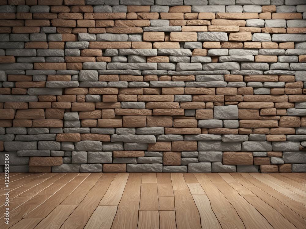 Three dimensional rendering of natural stone wall and wooden floor, AI generated Three dimensional rendering of natural stone wall and wooden floor, AI generated