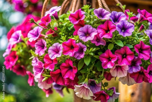 Cascading Surfinia petunias burst with vibrant summer color in this hanging basket portrait.