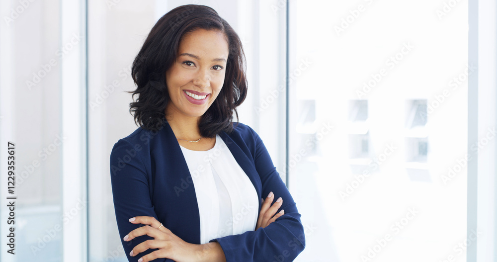 Happy, career and portrait of businesswoman in office with confidence for legal job growth. Smile, pride and female corporate attorney from Mexico with arms crossed for law case in workplace. Happy, career and portrait of businesswoman in office with confidence for legal job growth. Smile, pride and female corporate attorney from Mexico with arms crossed for law case in workplace.