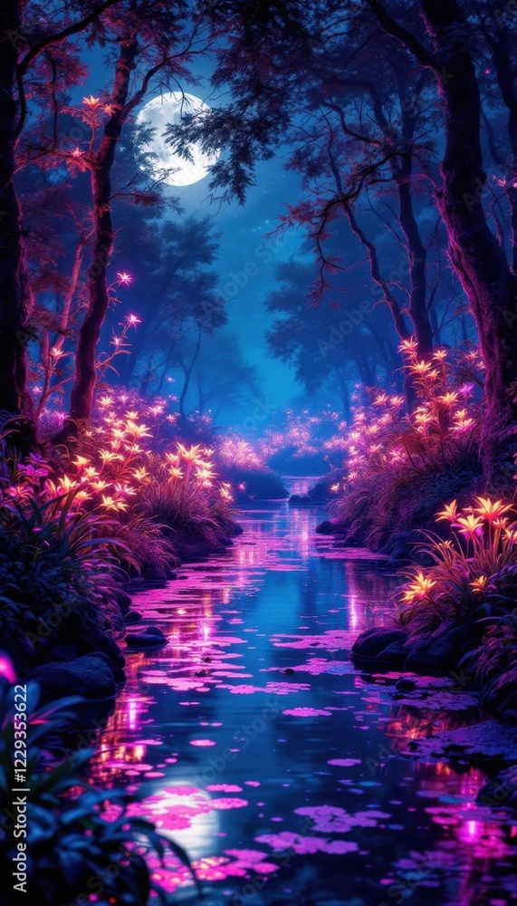Fototapeta premium Abstract night forest with glowing lights, a magical scene.