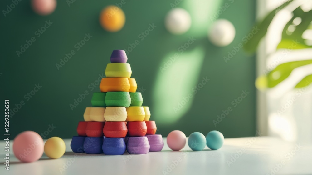 contemporary children toy presentation, pristine white desktop, vibrant rainbow stacking pyramid, colorful wooden block arrangement, gentle blurred background, sage green wall elements, floating contemporary children toy presentation, pristine white desktop, vibrant rainbow stacking pyramid, colorful wooden block arrangement, gentle blurred background, sage green wall elements, floating