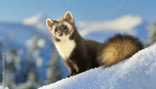 AI generated, animal, animals, mammal, mammals, biotope, habitat, a, individual, foraging, wildlife, American sable, pine marten, hunts its prey in the trees, marten, winter, snow, (Martes americana) photo