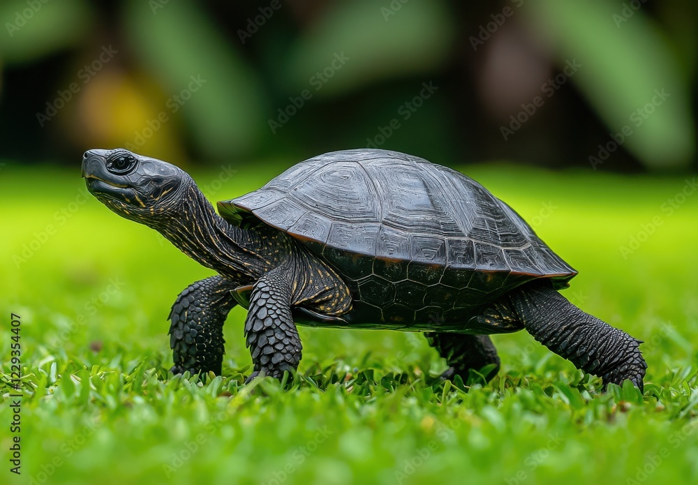 Obraz premium Close-up of an Asian Black Turtle Walking on Green Grass in a Natural Habitat Under Soft Natural Light