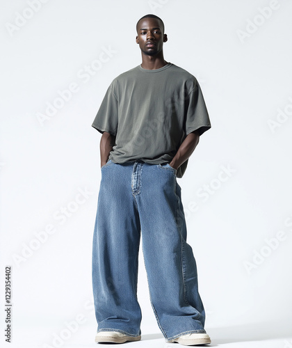 Lookbook, a male model standing in a white studio wearing baggy jeans and an oversized t-shirt, wide-leg denim pants, full-body shot.


