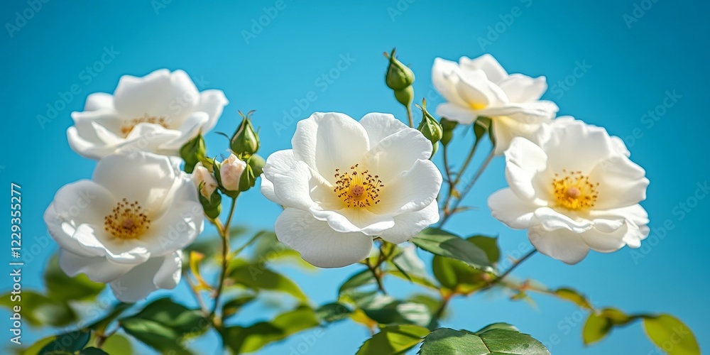 Obraz premium Vibrant White Roses Flourishing Under a Bright, Clear, Blue Sky., Detailed Nature View.