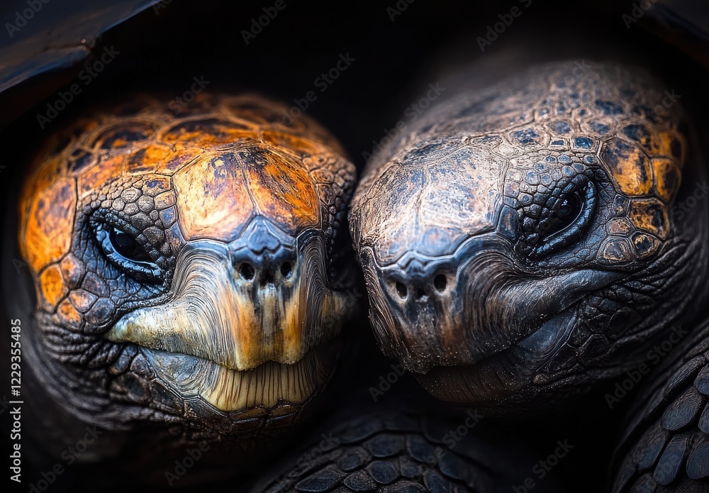 Close-up portrait of two tortoises showing intricate shell patterns and detailed facial expressions, highlighting the beauty of these reptiles in nature. Close-up portrait of two tortoises showing intricate shell patterns and detailed facial expressions, highlighting the beauty of these reptiles in nature.