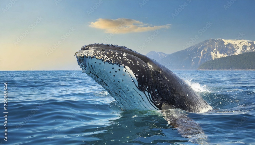 Obraz premium KI generated, animal, animals, mammal, mammals, biotope, habitat, one, individual, foraging, humpback whale, live in all oceans, tropics, Antarctic, whale, whales, Megaptera novaeangliae), ocean, near shore, rorqual, humpback dorsal fin, lively, lively, whale song, loner