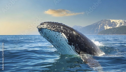 KI generated, animal, animals, mammal, mammals, biotope, habitat, one, individual, foraging, humpback whale, live in all oceans, tropics, Antarctic, whale, whales, Megaptera novaeangliae), ocean, near shore, rorqual, humpback dorsal fin, lively, lively, whale song, loner photo