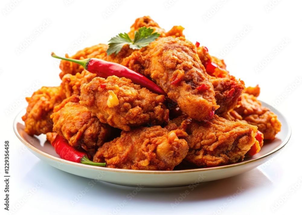 Crispy, spicy fried chicken explodes with red seasoning in a long-exposure photograph. Crispy, spicy fried chicken explodes with red seasoning in a long-exposure photograph.