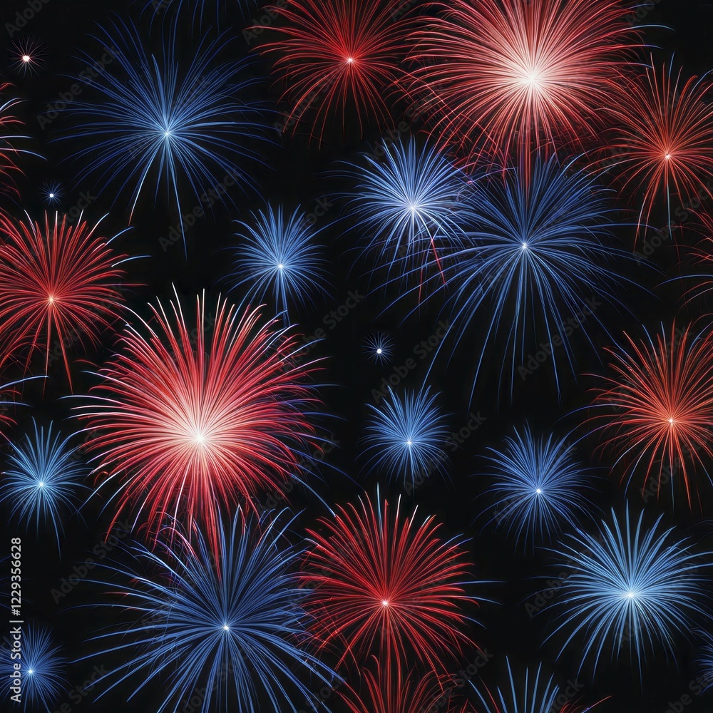 Bright red and blue fireworks burst in the night sky, celebrating an event, AI generated Bright red and blue fireworks burst in the night sky, celebrating an event, AI generated