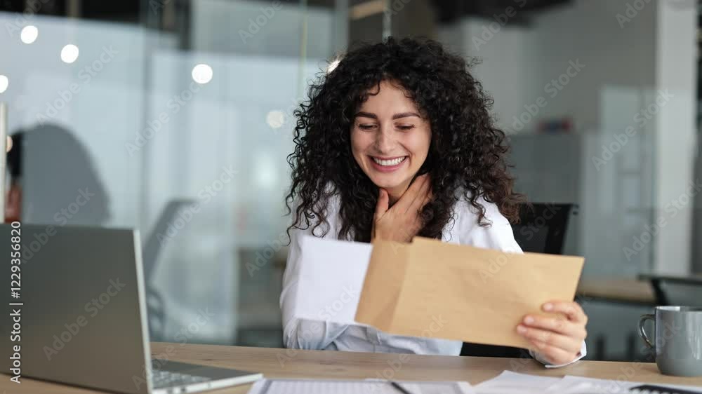 Excited businesswoman opens an envelope at her modern office desk. She finds good news inside and expresses joy. Excited businesswoman opens an envelope at her modern office desk. She finds good news inside and expresses joy.