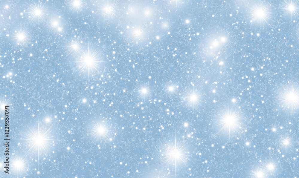 Fototapeta premium Icy Blue Sparkle: Shimmering light blue background with scattered bright sparkles, creating a magical, wintery, or festive atmosphere. Perfect for various design projects. 