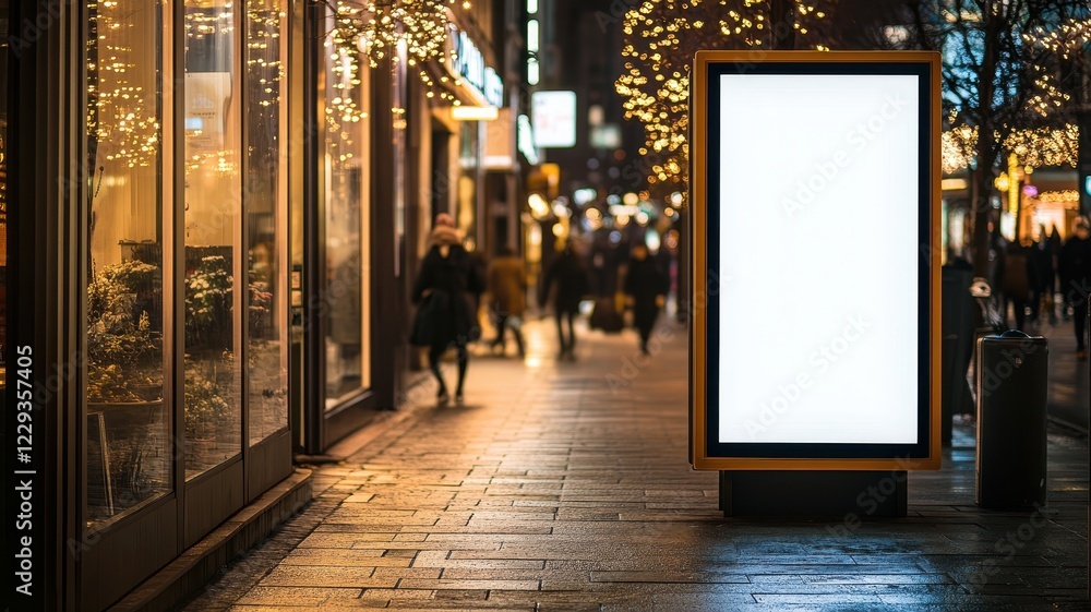 Illuminated empty billboard advertising urban street night scene business district wide angle marketing potential Illuminated empty billboard advertising urban street night scene business district wide angle marketing potential