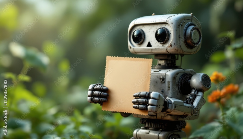 Robot holding a cardboard box, a friendly character with package. Robot holding a cardboard box, a friendly character with package.