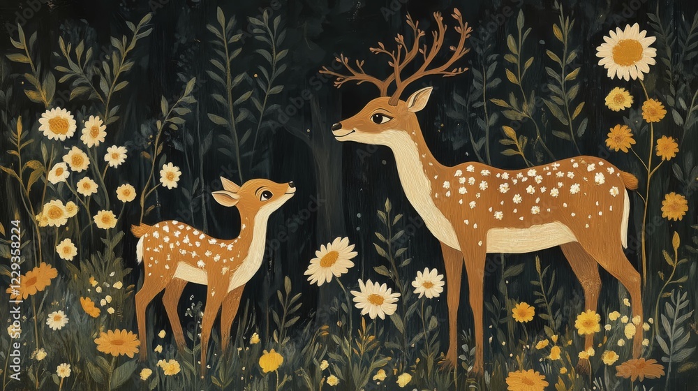 Obraz premium A deer with antlers and a fawn standing among white flowers against a light background, creating a peaceful atmosphere, AI generated