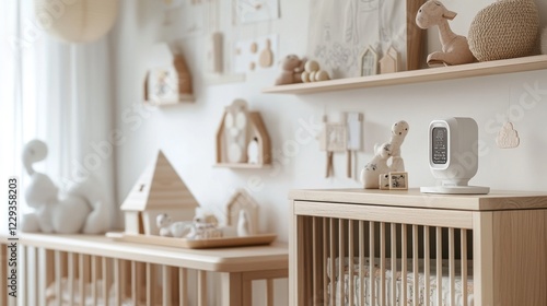 contemporary baby care device display, compact white monitoring camera, modern display unit design, warm wood table setting, white furniture background, minimal interior backdrop, professional