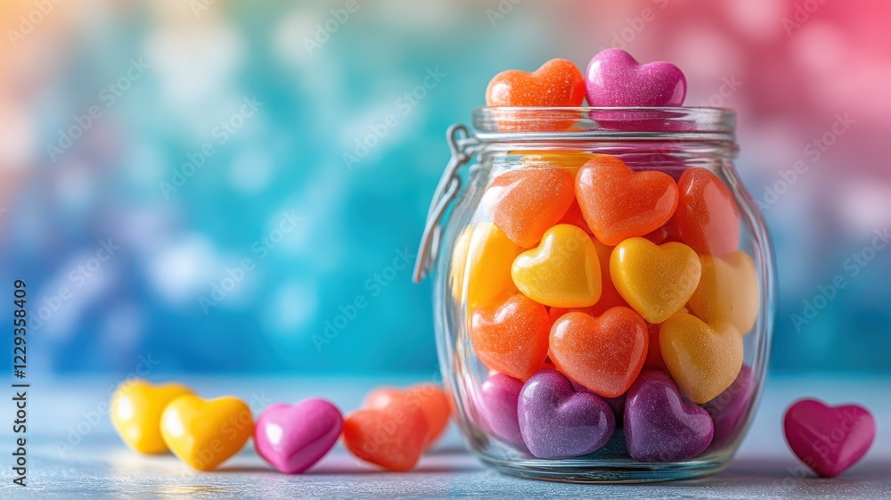 Colorful candy hearts jar on glossy white surface close-up photography vibrant background sweet concept Colorful candy hearts jar on glossy white surface close-up photography vibrant background sweet concept