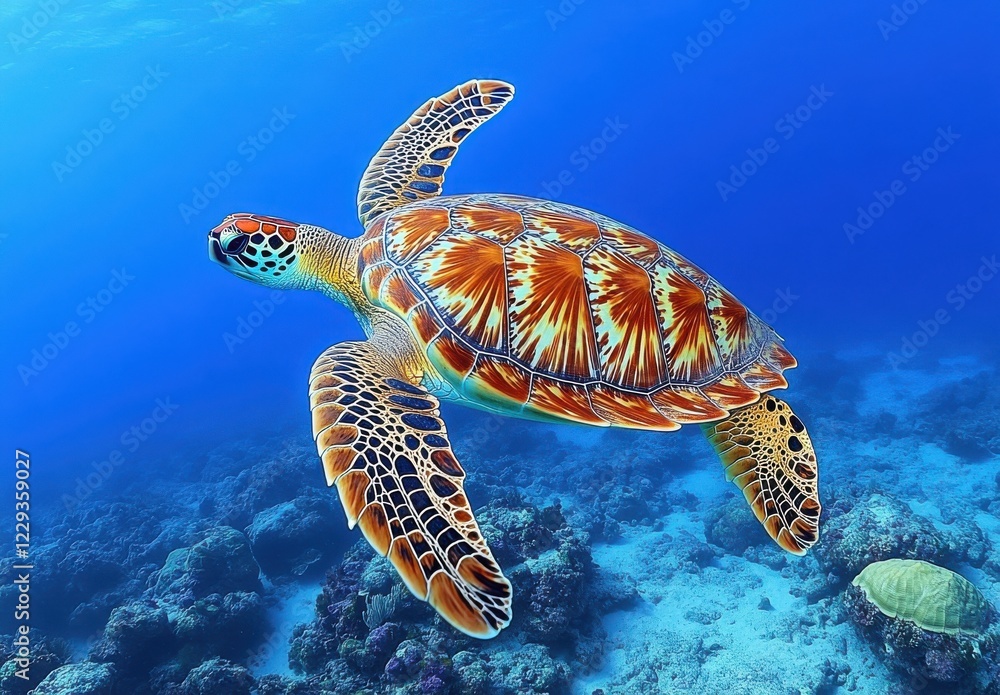 Fototapeta premium Colorful Sea Turtle Gliding Through Clear Blue Ocean Water Over Vibrant Coral Reef Surrounded by Tropical Marine Life