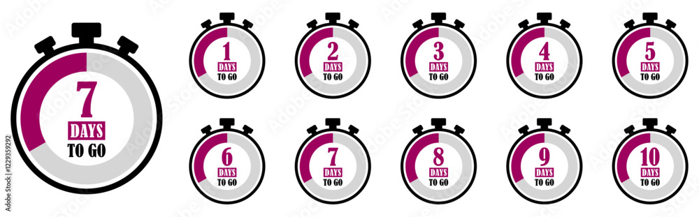 Number days left countdown. Days to go countdown vector icons. Number days left countdown. Days to go for promotion. Countdown timer with numbers from 1 to 10 days to go, stopwatch icon with progress Number days left countdown. Days to go countdown vector icons. Number days left countdown. Days to go for promotion. Countdown timer with numbers from 1 to 10 days to go, stopwatch icon with progress