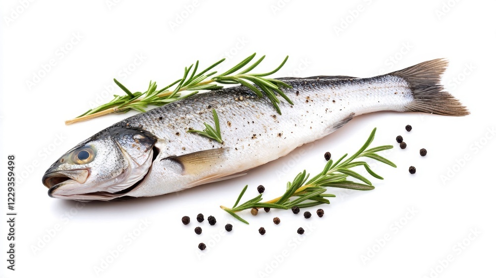 Fresh Raw Sea Bass Fillet on White Background with Herbs Fresh Raw Sea Bass Fillet on White Background with Herbs