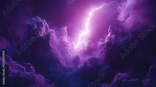 Purple stormy sky with lightning amid clouds.