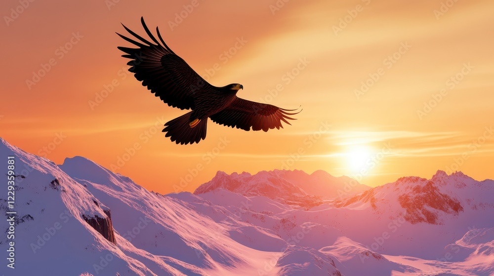 Fototapeta premium Majestic Eagle Soaring Over Snow-Capped Mountains at Sunset