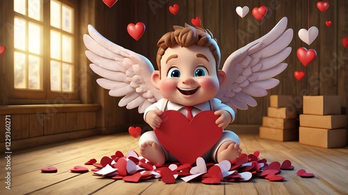 Adorable 3D Rendered Baby Angel with Wings Holding a Heart Amidst Red Hearts on Wooden Floor photo