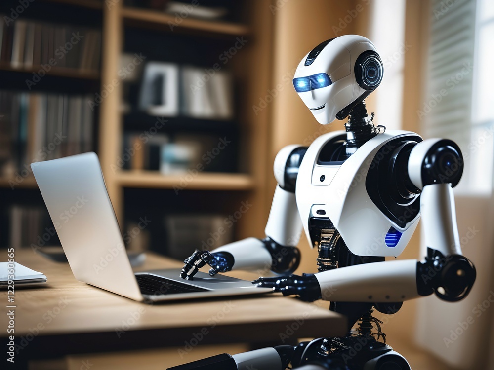 Android, robot writing on a laptop in the home office, symbolic image artificial intelligence replaces human labour, AI generated, AI generiert, AI generated Android, robot writing on a laptop in the home office, symbolic image artificial intelligence replaces human labour, AI generated, AI generiert, AI generated