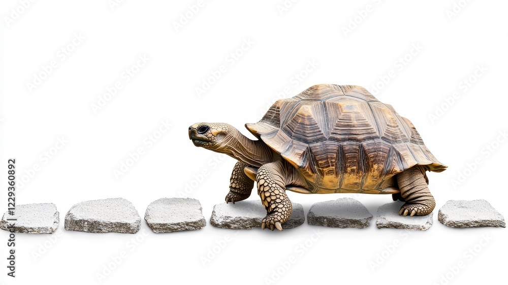 Obraz premium Tortoise Walking on Stones Against a White Background