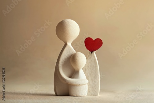 A simple sculpture of a mother and child, the child holding a red heart, on a beige background, Mother's Day, AI generated, AI generated