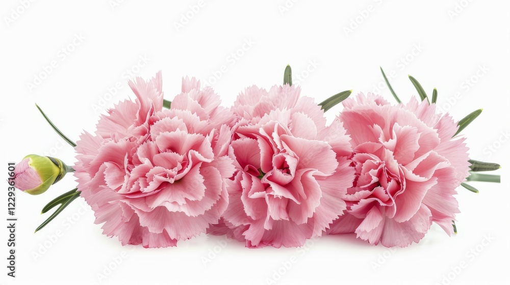 A group of pink carnations lying down diagonally with visible green leaves on a white background, AI generated A group of pink carnations lying down diagonally with visible green leaves on a white background, AI generated