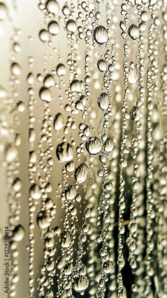Fototapeta premium Water droplets on a glass surface creating a vertical, greenish pattern, AI generated