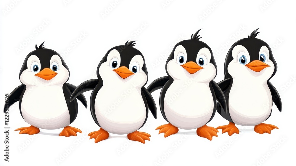 Naklejka premium Cute Cartoon Penguins Standing in a Row with Friendly Expressions