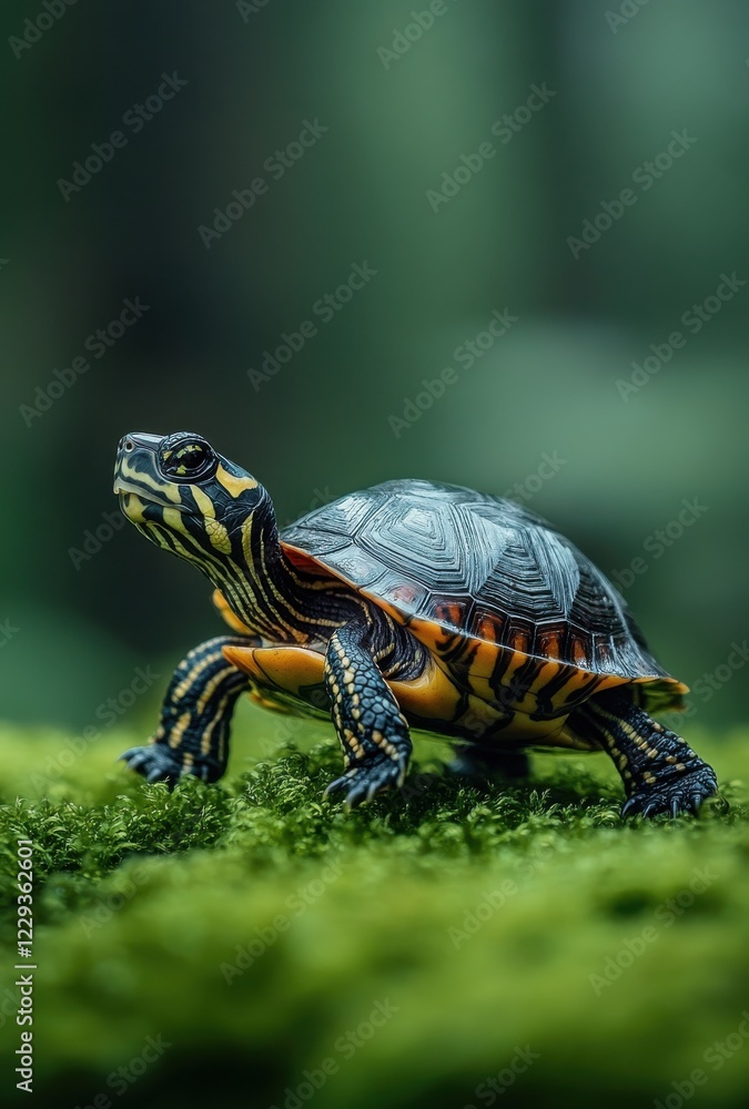Colorful Turtle Crawling on Green Moss in Lush Forest Setting, Capturing the Beauty of Nature and Wildlife in a Serene Environment Colorful Turtle Crawling on Green Moss in Lush Forest Setting, Capturing the Beauty of Nature and Wildlife in a Serene Environment