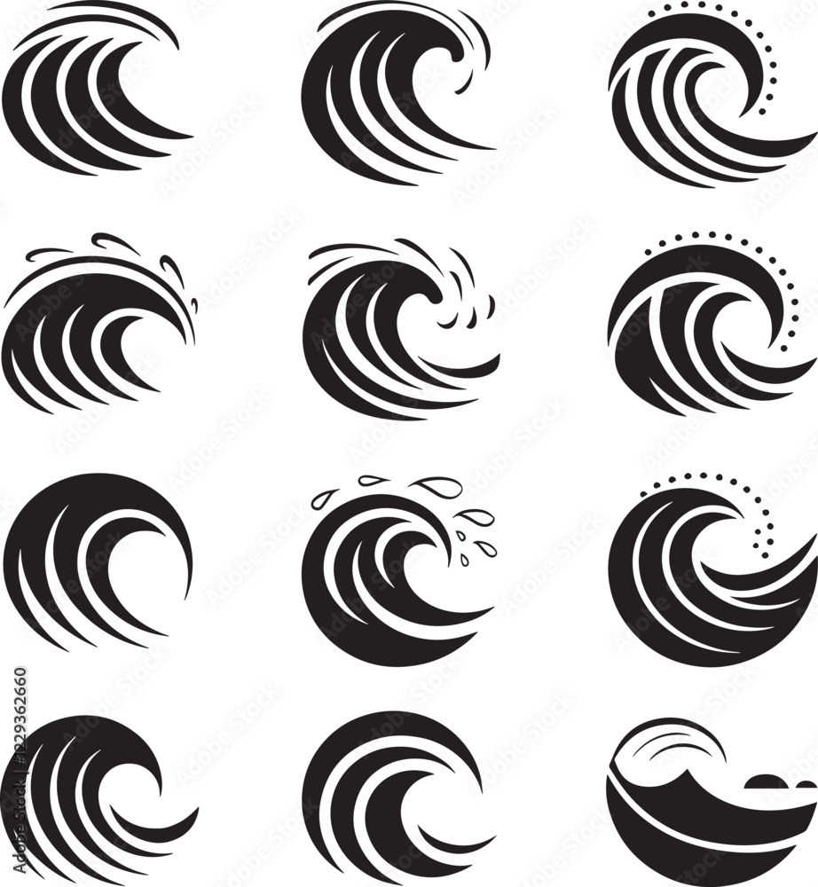 Ocean waves collection. Sea storm wave isolated. Waves, water elements set. Nature wave water storm linear style illustration Ocean waves collection. Sea storm wave isolated. Waves, water elements set. Nature wave water storm linear style illustration