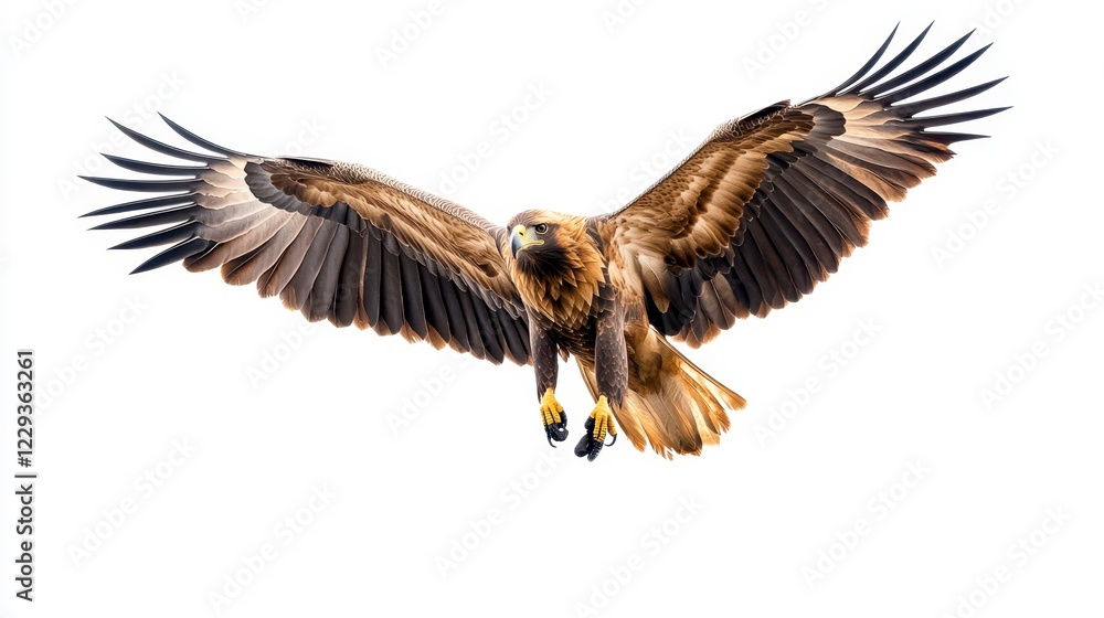 Majestic Eagle in Flight with Outstretched Wings Against White Background