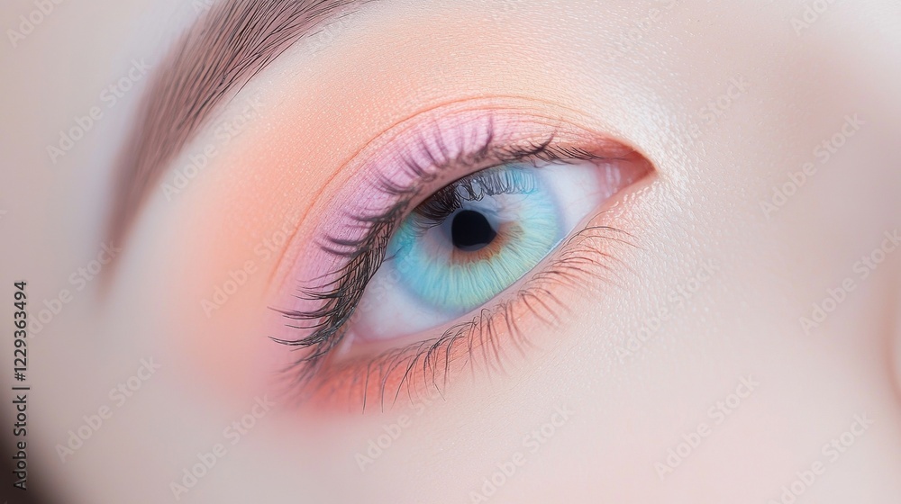 Obraz premium Rainbow Eye Makeup Art Subtle rainbow eyeshadow blended seamlessly on the eyelid, soft and ethereal, suitable for a natural makeup look