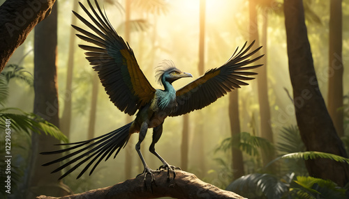 Archaeopteryx in an elegant mood perched on a branch with wings spread in a sunlit forest photo