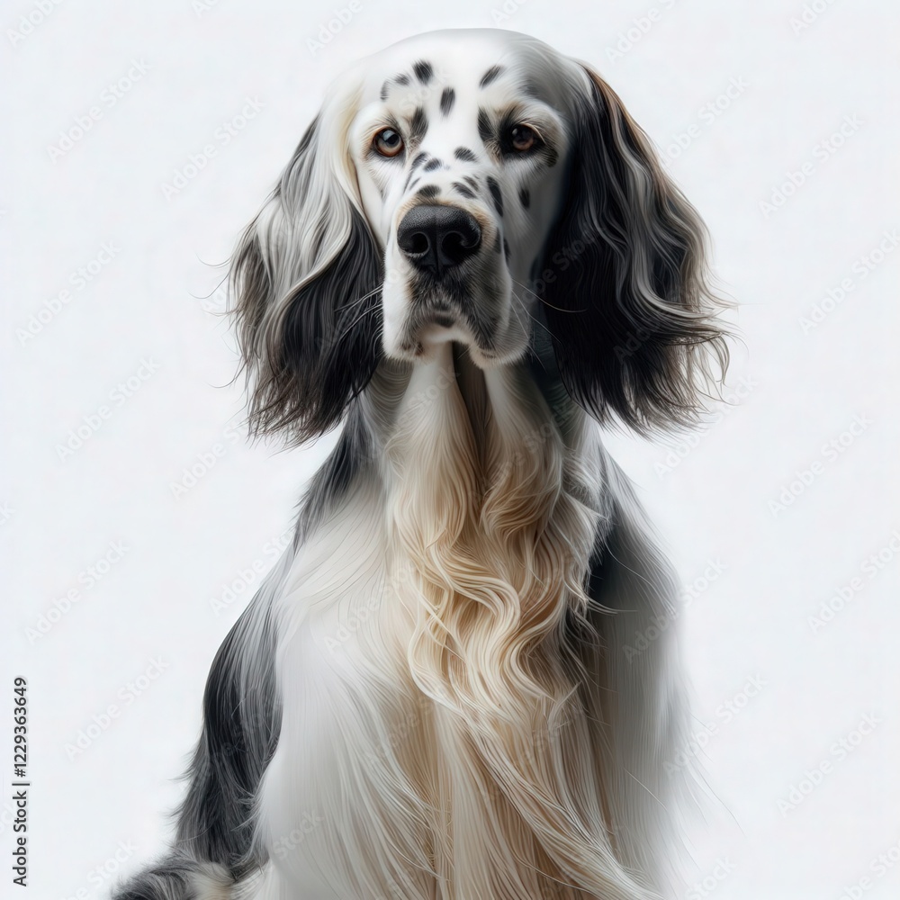 A striking English Setter stands proudly, showcasing its long, flowing coat and distinctive markings. Its expressive eyes reflect intelligence and charm in a serene setting A striking English Setter stands proudly, showcasing its long, flowing coat and distinctive markings. Its expressive eyes reflect intelligence and charm in a serene setting
