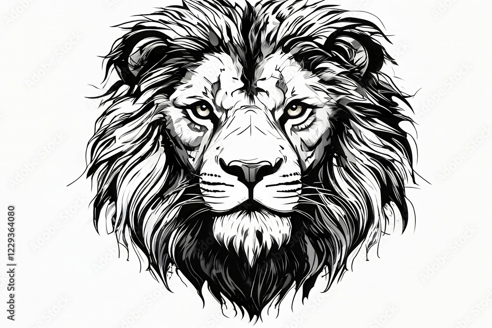 Fototapeta premium Black and white line art lion, AI generated