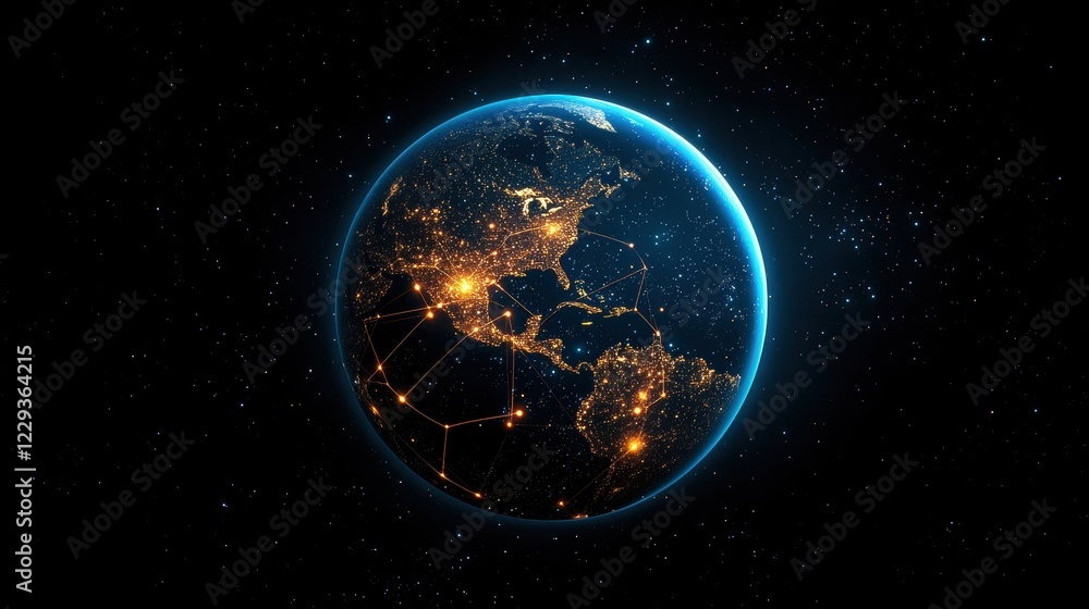Fototapeta premium Global Globe Earth Globe with glowing lines connecting different cities, represents global communication and networks