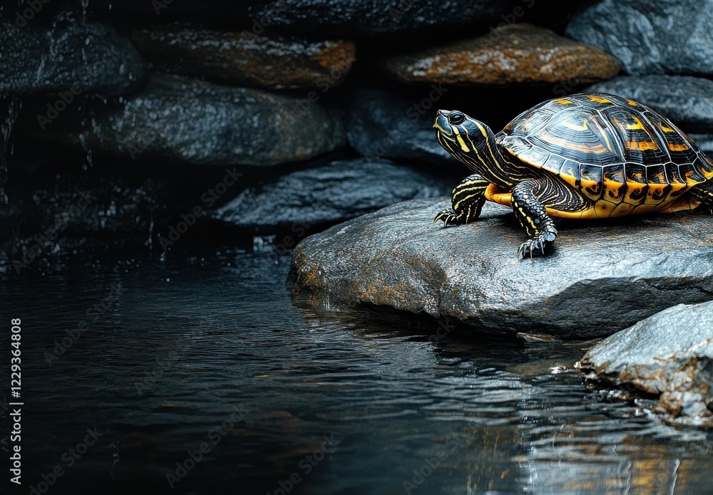 Detailed Close-Up of a Colorful Turtle Resting on a Rock Beside Calm Water in a Serene Natural Setting Surrounded by Smooth Stone Background Detailed Close-Up of a Colorful Turtle Resting on a Rock Beside Calm Water in a Serene Natural Setting Surrounded by Smooth Stone Background