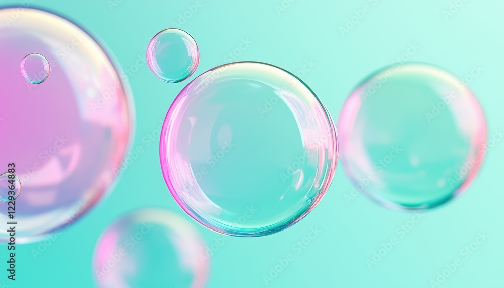 Floating soap bubbles with shimmering pastel hues and translucent textures, set on a serene blue-to-green gradient background Floating soap bubbles with shimmering pastel hues and translucent textures, set on a serene blue-to-green gradient background